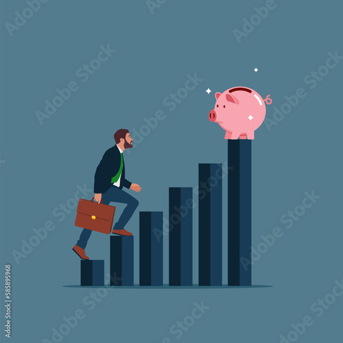 Best piggy bank. Businessman step up of diagram as staircase to achieve success. Modern vector illustration in flat style