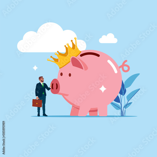Pink piggy bank with gold crown. Best piggy bank. Protect money from inflation, insurance. Modern vector illustration in flat style