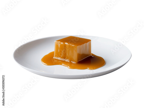 Pudding caramel in a white plate on white background