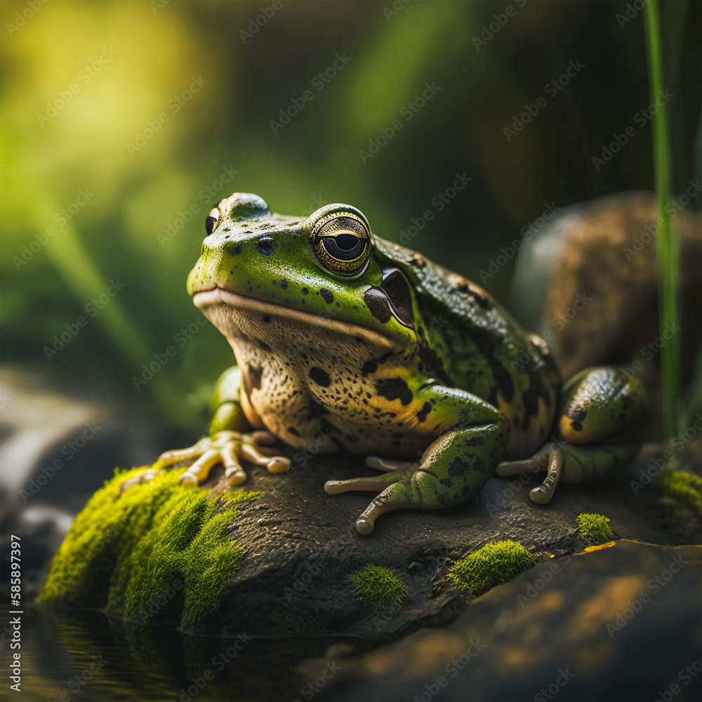 Fototapeta premium Green frog siting on rock