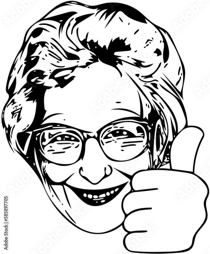 Friendly grandmother showing thumbs up as outline vector.