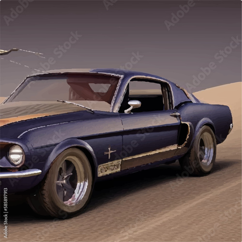 blue muscle car driving on the road in the desert © ersr