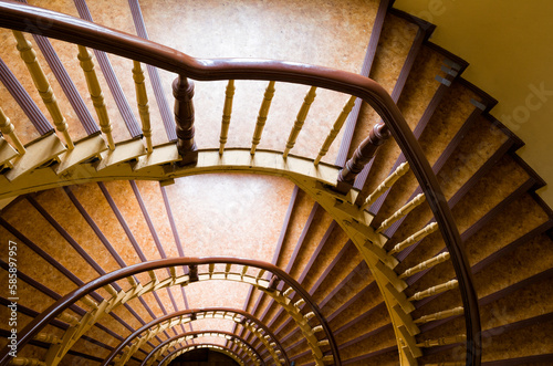 Yellow spiral staircase.