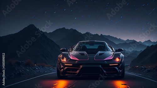 Wallpaper. Young driver. Speed. Beautiful scenery. Mountains. Fog. Sunset. Backlightning. Fireflies. National park. Cinematic. Ultrarealistic. Futuristic sports car neonlight. Cabriole  Generative AI 