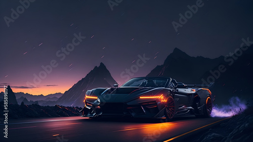 Wallpaper. Young driver. Speed. Beautiful scenery. Mountains. Fog. Sunset. Backlightning. Fireflies. National park. Cinematic. Ultrarealistic. Futuristic sports car neonlight. Cabriole (Generative AI)