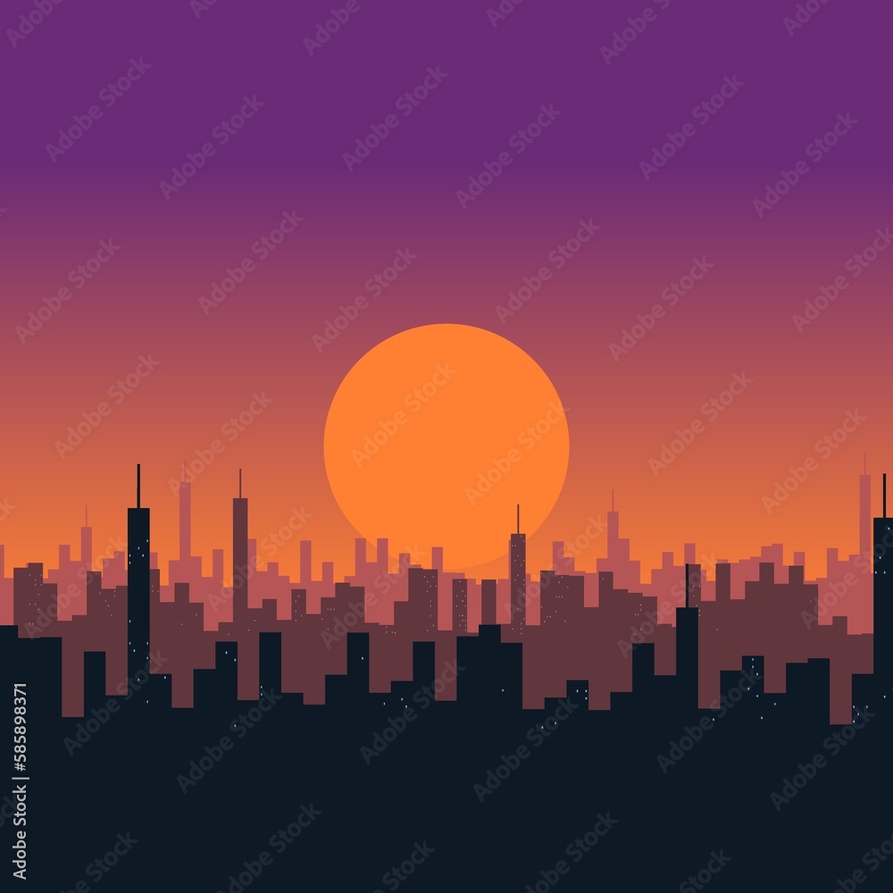 Cartoon city sunset, sky gradient with buildings stretching to the horizon, city as far as the eye can see, industry, industrialization, pollution and smog, bright orange dusk over the big city