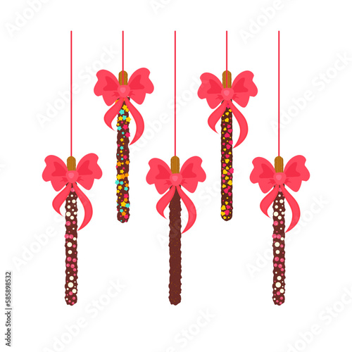 Assorted chocolate chip cookie sticks dipped in sprinkles. Ribbon decorated popping candy for Pepero day in Korea. Frosted biscuits with different flavours. Vector illustration