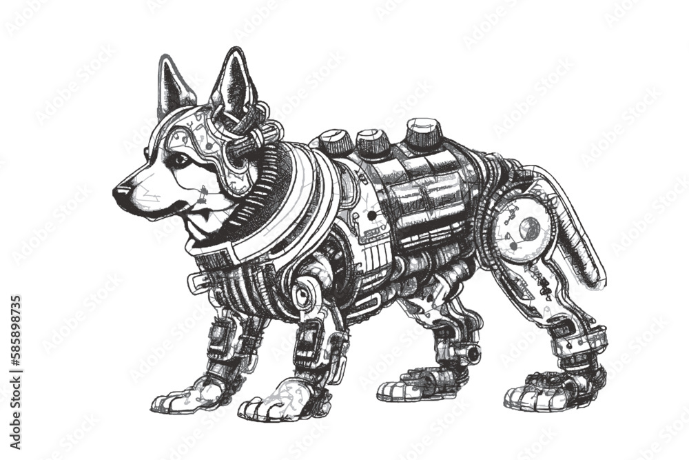 Fototapeta premium Biomechanical dog cyborg. Doodle sketch. Vector illustration.