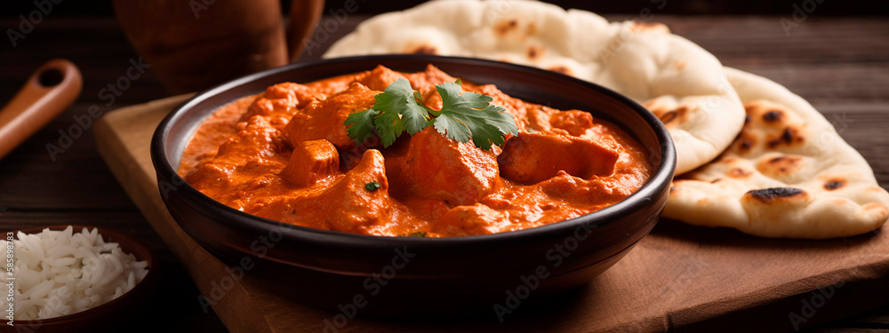 Chicken tikka masala spicy curry meat food in clay plate with rice and dark background. Generative AI,