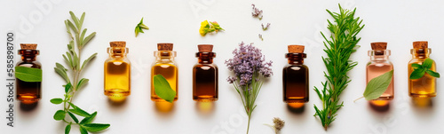 Bottles of essential oil with rosemary, thyme, cinnamon sticks, cardamom, mint, lavender, rose petals and buds on a white background. Generative Ai,