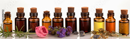 Bottles of essential oil with rosemary, thyme, cinnamon sticks, cardamom, mint, lavender, rose petals and buds on a white background. Generative Ai,