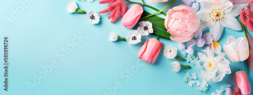Bouquet of beautiful spring flowers on a pastel blue table background. Postcard for International Women's Day. Generative AI,