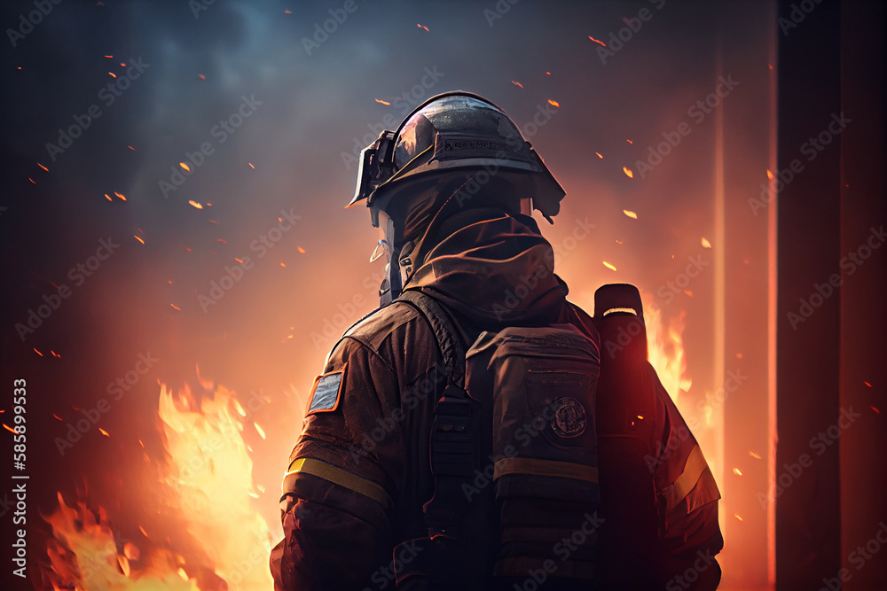 Fireman or Firefighter in gear with fire and flames in background. Generative AI Fireman or Firefighter in gear with fire and flames in background. Generative AI