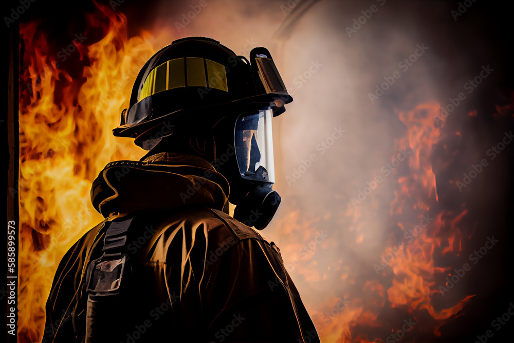 Fireman or Firefighter in gear with fire and flames in background. Generative AI Fireman or Firefighter in gear with fire and flames in background. Generative AI