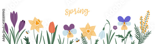 Set of various spring flowers, floral border, cartoon style. Trendy modern vector illustration isolated on white background, hand drawn, flat