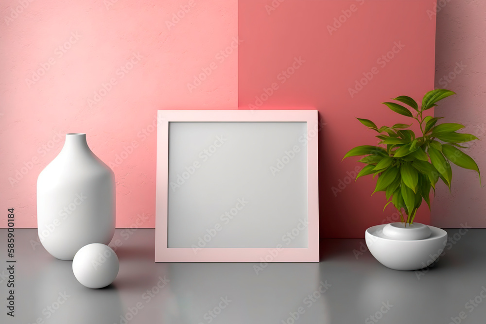 Obraz premium advertising template, mock-up in pastel pink tones with white bottles, plant and space for copy, image created with ia