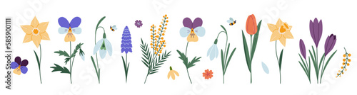 Set of various spring flowers, cartoon style. Trendy modern vector illustration isolated on white background, hand drawn, flat