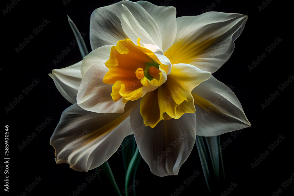 Daffodil or Narcissus spring flower on dark background, close up view. Generative AI