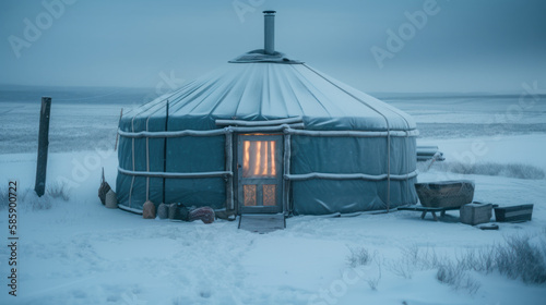 winter yurt in tundra generative ai