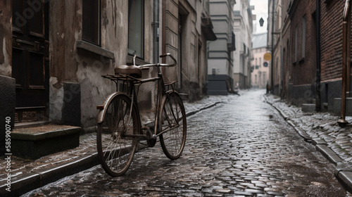 A vintage bicycle on a cobbled street Generative AI