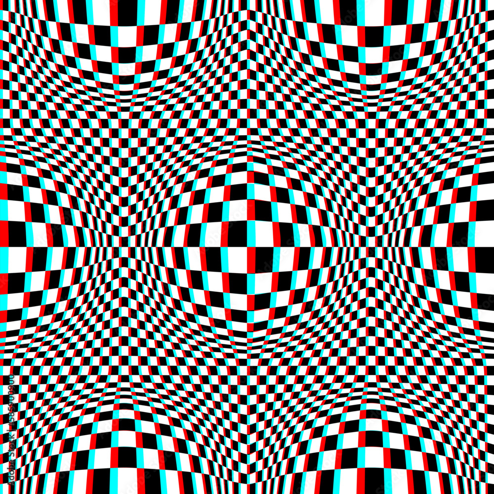 Optical art checkered seamless pattern of round bubbles in anaglyph style. Psychedelic distorted square chess background design.