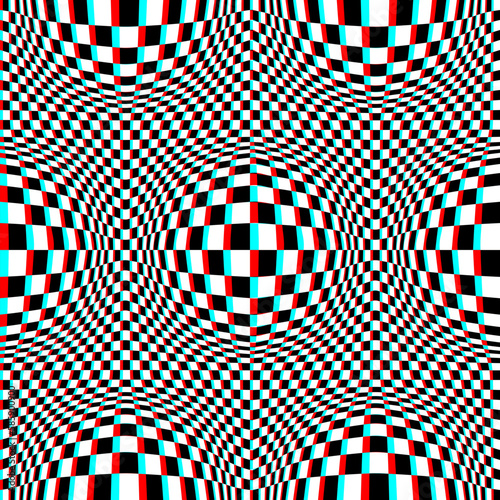 Optical art checkered seamless pattern of round bubbles in anaglyph style. Psychedelic distorted square chess background design.