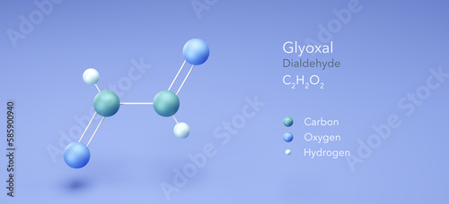 glyoxal molecule, molecular structures, dialdehyde, 3d model, Structural Chemical Formula and Atoms with Color Coding photo