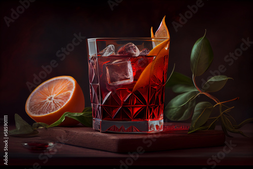 Classic Negroni cocktail with orange peel garnish. generative Ai