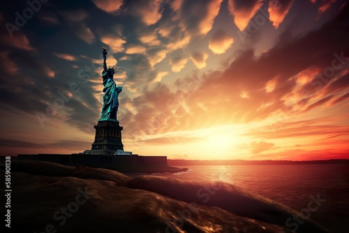 Silhouette of the statue of liberty in front of a beautiful sunset. 4th of July Memorial or Independence day background. Generative AI © Stan Lloyd
