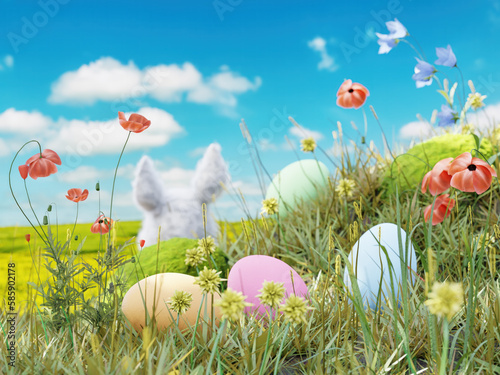 Easter bunny in the grass with easter eggs