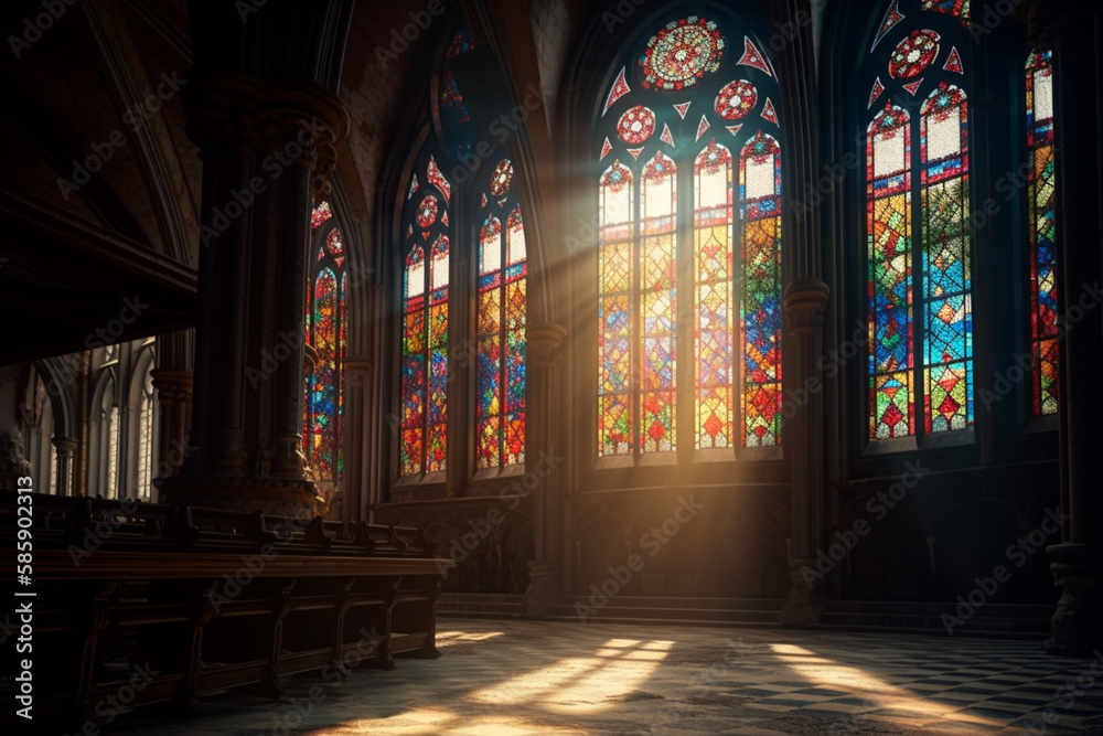 Obraz premium empty church being illuminated by the sun's rays passing through the colorful stained glass windows, Generative AI