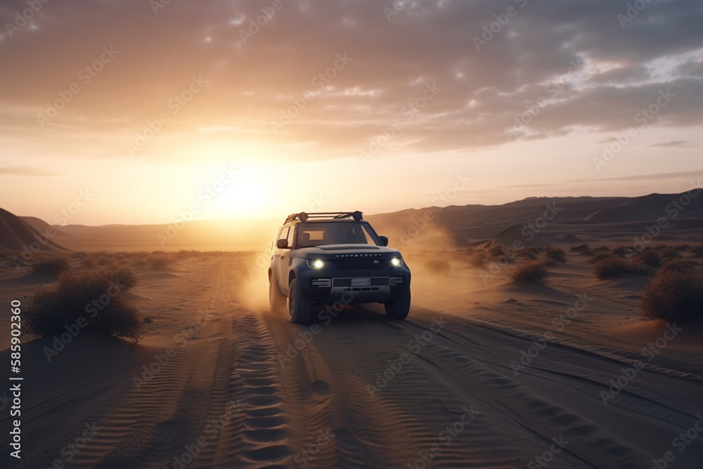 off-road pickup truck, 4x4, on a sandy road in the middle of a desert, Generative AI