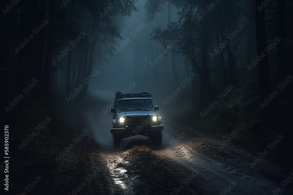 off-road pickup truck, 4x4, on a dirt road in the middle of a spooky forest, Generative AI