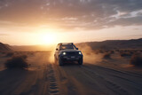 off-road pickup truck, 4x4, on a sandy road in the middle of a desert, Generative AI