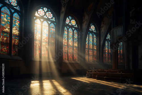 empty church being illuminated by the sun's rays passing through the colorful stained glass windows, Generative AI photo
