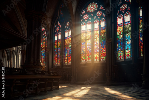 empty church being illuminated by the sun's rays passing through the colorful stained glass windows, Generative AI © scrawled soul