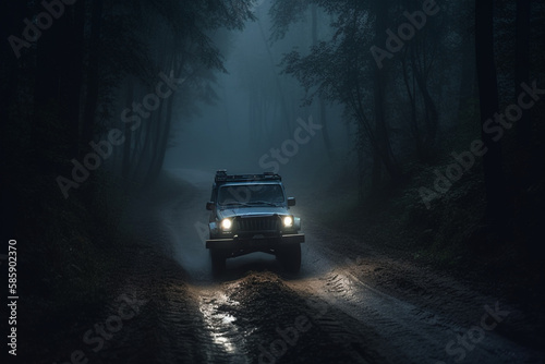 off-road pickup truck, 4x4, on a dirt road in the middle of a spooky forest, Generative AI © scrawled soul