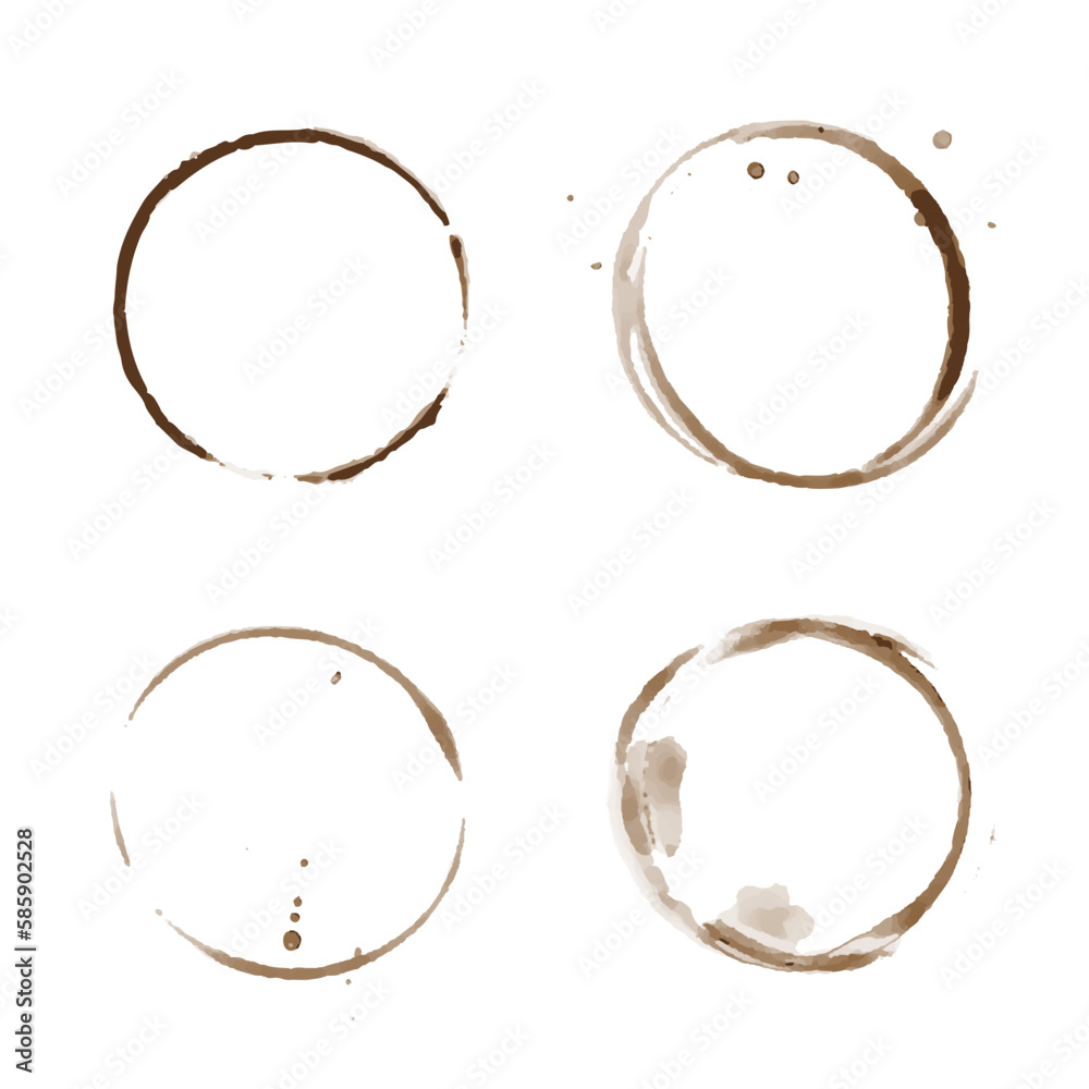 Vector coffee stain set isolated on white background. Cup ring splashes and circle drink marks. Brown dirty mug stains. Coffee grunge texture Vector coffee stain set isolated on white background. Cup ring splashes and circle drink marks. Brown dirty mug stains. Coffee grunge texture
