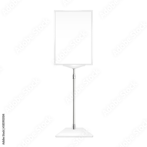 Poster sign stand realistic vector mockup. Floor standing white display with base mock-up. Adjustable pedestal with blank board. Template for design