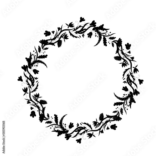 Wreath in black ink on a white background. Flowers and herbs are hand drawn. Botanical element.