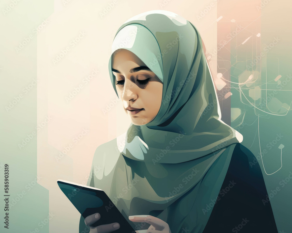 A portrait of a hijabwearing Muslim woman connected to technology and the Quran.. AI generation. - obrazy, fototapety, plakaty 