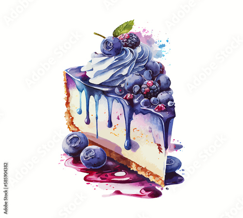 Appetizing piece of blueberry cake isolated on white background with blueberry berries, vector
