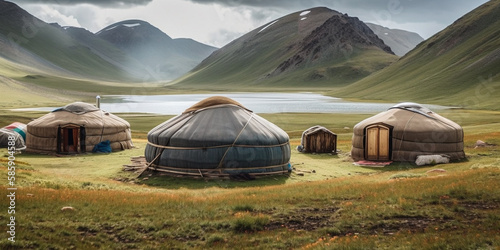 Nomadic tents known as Yurt at the Song Kol Lake, Kyrgyzstan Generative AI photo
