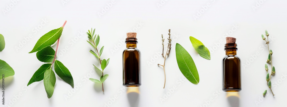 Bottles of essential oil with rosemary, thyme, cinnamon sticks, cardamom, mint, lavender, rose petals and buds on a white background. Generative Ai, Bottles of essential oil with rosemary, thyme, cinnamon sticks, cardamom, mint, lavender, rose petals and buds on a white background. Generative Ai,