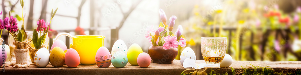 table with easter eggs in the foreground and a spring meadow. Generative AI,