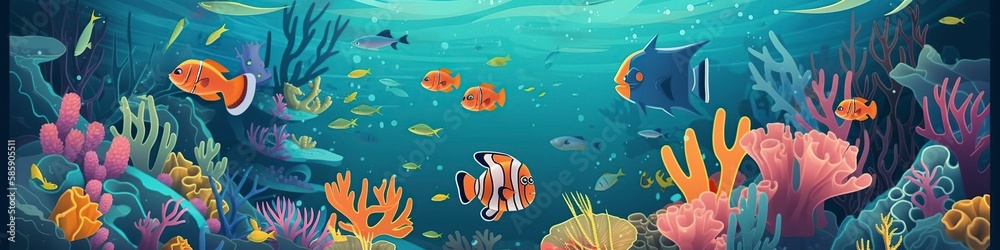 cartoon illustration, fish with underwater world, website header, ai generative