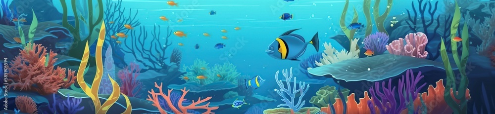Fototapeta premium cartoon illustration, fish with underwater world, website header, ai generative