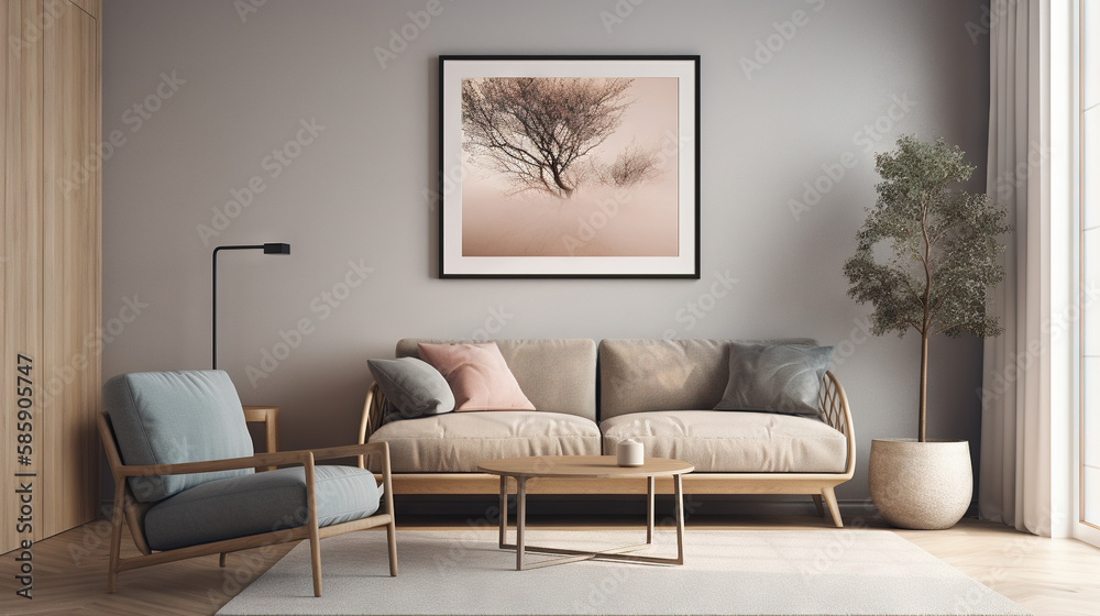 Fototapeta premium Bohemian Interior Design Style living room in pastel colors mock-up with frame for picture generative ai