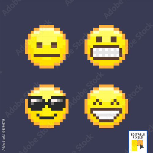 Pixel art emoji icon set. Funny flat style emoticon. Pixel art set of emoticon face icons in a retro 8 bit video game style. Pixel smile icon for web and mobile. vector illustration