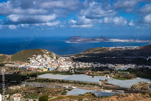 Panoramic view of Arucas from Mirador de la Montana de Arucas on Gran Canaria Island, Canary Islands, Spain
